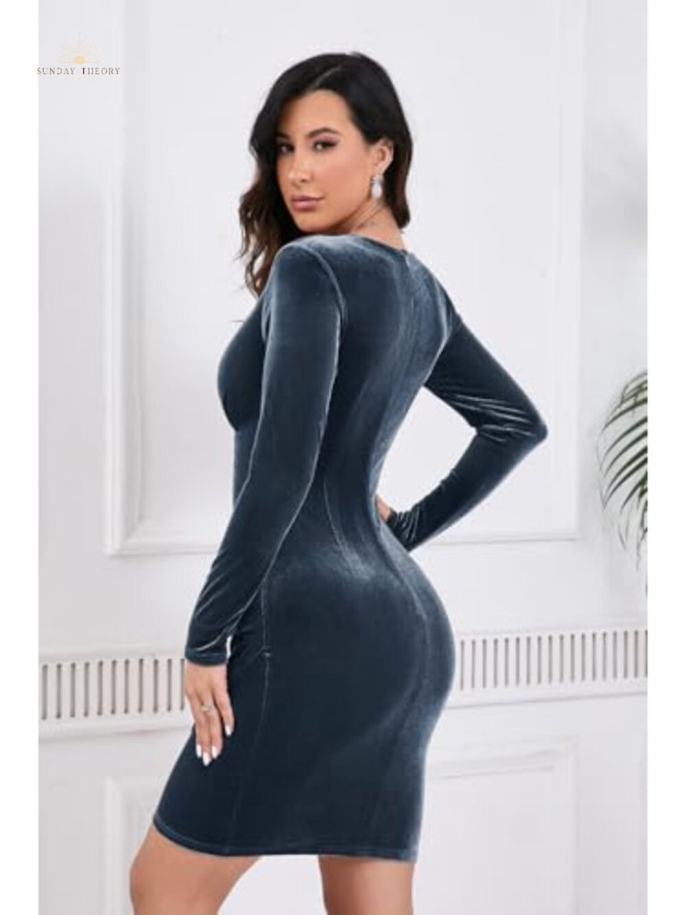 IHOT Women's Sexy V Neck Long Sleeve Velvet Bodycon Ruched Faux Wrap Cocktail - Picture 3 of 6